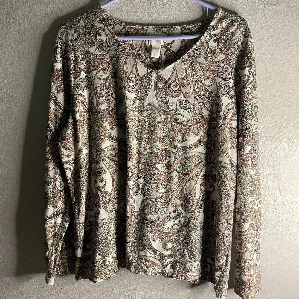 Chico’s Dusty Rose Paisley Print Tee Top Size 3 XL